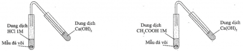 Hai thí nghiệm được mô tả như hình sau:  Nước vôi trong trong ống nghiệm nào nhanh bị đục hơn? Giải thích và viết phương trình hoá học.