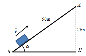 Vật đang chuyển động với vận tốc 15 m/s thì trượt lên dốc. Biết dốc dài 50m, cao 25m, hệ số ma sát giữa vật và dốc là 0,2