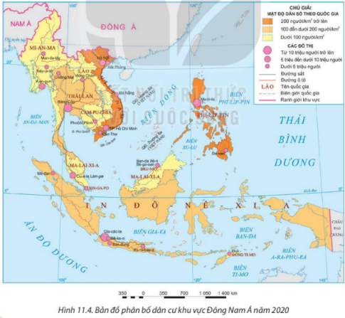  Quan sát Hình 11.4. Bản đồ phân bố dân cư khu vực Đông Nam Á năm 2020 và nêu tên các quốc gia có mật độ dân số 200 người/km2 trở lên.