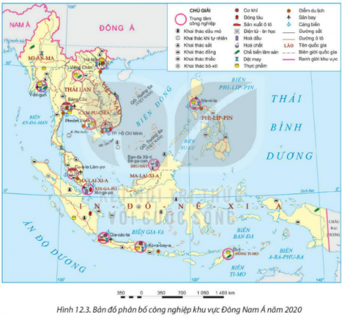  Quan sát Hình 12.3. Bản đồ phân bố công nghiệp khu vực Đông Nam Á năm 2020 và liệt kê những trung tâm công nghiệp trong khu vực.