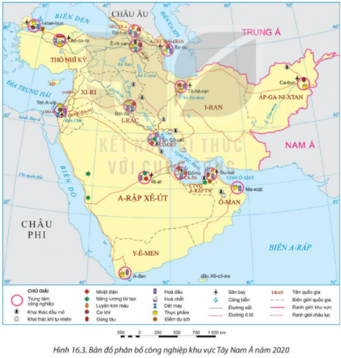  Quan sát Hình 16.3. Bản đồ phân bố công nghiệp khu vực Tây Nam Á năm 2020 và liệt kê những trung tâm công nghiệp trong khu vực.