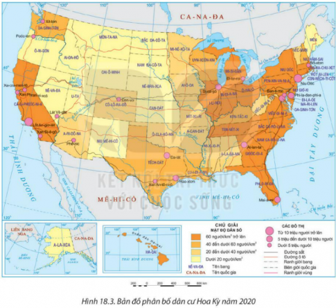  Quan sát Hình 18.3. Bản đồ phân bố dân cư Hoa Kỳ năm 2020 và nêu tên các bang có mật độ dân số từ 60 người/km2 trở lên.