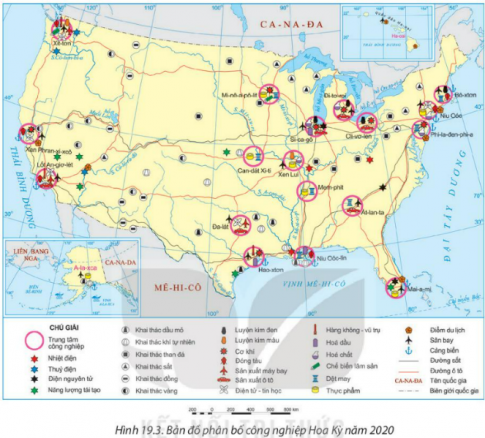  Quan sát Hình 19.3. Bản đồ phân bố công nghiệp Hoa Kỳ năm 2020 và kể tên những trung tâm công nghiệp điện tử - tin học của Hoa Kỳ.