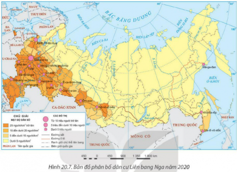  Kể tên các đô thị từ 10 triệu người trở lên dựa vào hình 20.7. Bản đồ phân bố dân cư Liên bang Nga năm 2020.