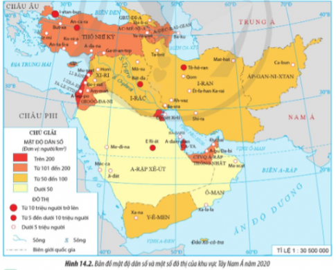 Bản đồ mật độ dân số và một số đô thị của khu vực Tây Nam Á năm 2020, nêu tên các quốc gia có mật độ dân số trên 200 người/km2.