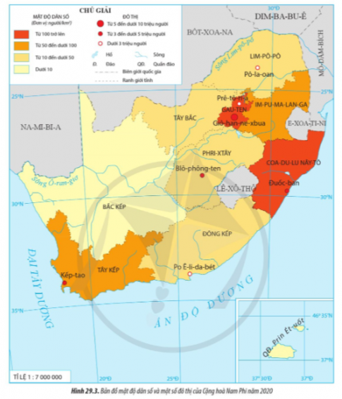 Bản đồ mật độ dân số và một số đô thị của Cộng hòa Nam Phi năm 2020.