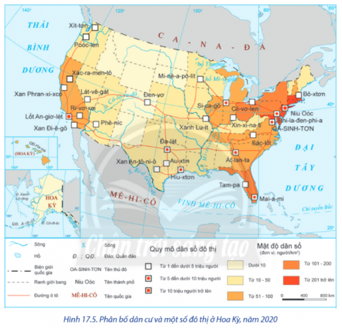 Câu 5: Quan sát Bản đồ phân bố dân cư và một số đô thị ở Hoa Kỳ năm 2020, nêu tên các thành phố có mật độ dân số từ 10 đến 50 người/km2.
