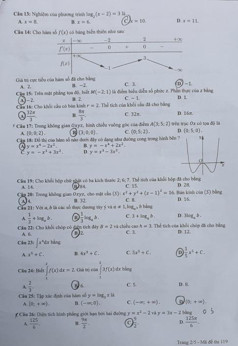 Thi THPTQG 2020: Đề thi và đáp án môn Toán mã đề 119
