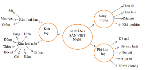 Câu 5. Hoàn thành sơ đồ theo mẫu sau để thấy sự đa dạng của khoáng sản Việt Nam.