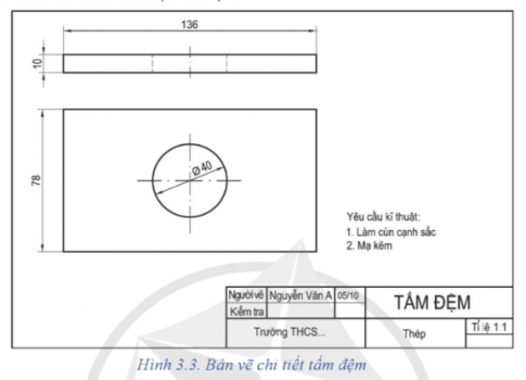  - Bản vẽ tấm đệm được vẽ theo tỉ lệ nào vật chế tạo là gì?  - Kích thước chung, kích thước bộ phận của chi tiết. - Yêu cầu kĩ thuật của bản vẽ.