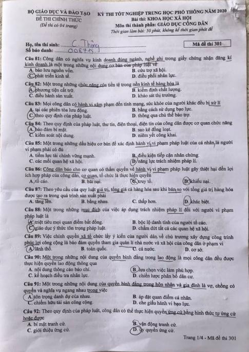 Thi THPQG 2020: Đề thi và đáp án môn GDCD mã đề 301