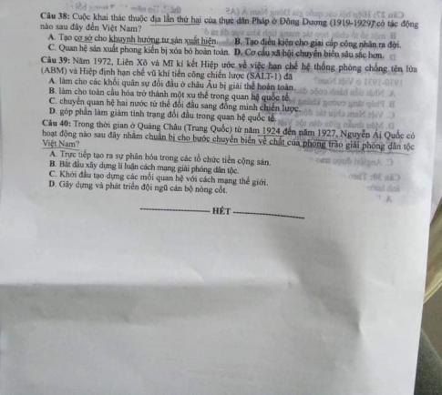 Thi THPQG 2020: Đề thi và đáp án môn Lịch sử mã đề 301