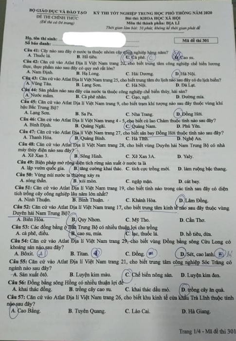 Thi THPQG 2020: Đề thi và đáp án môn Địa lí mã đề 301