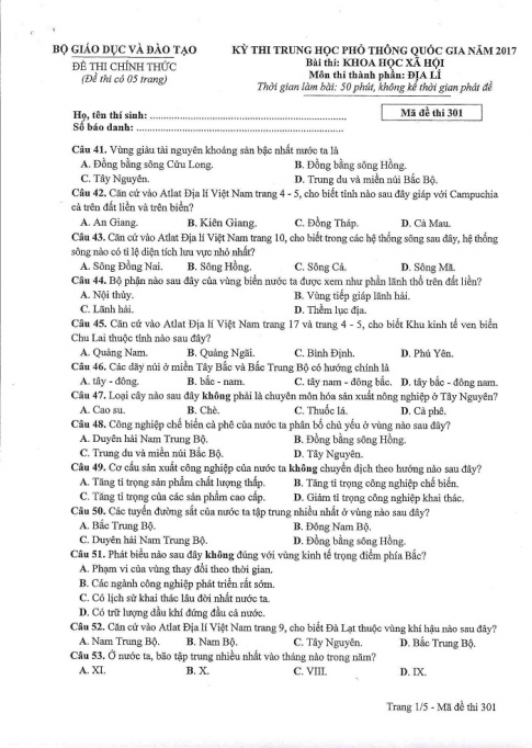 Đề và đáp án môn Địa mã đề 301 thi THPTQG 2017 – đáp án của bộ GD-ĐT