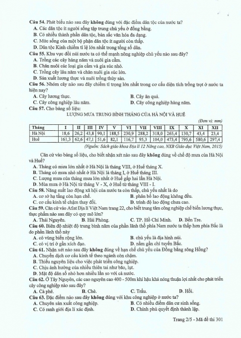 Đề và đáp án môn Địa mã đề 301 thi THPTQG 2017 – đáp án của bộ GD-ĐT