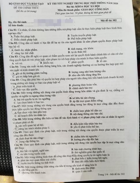 Thi THPQG 2020: Đề thi và đáp án môn GDCD mã đề 302