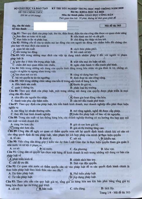 Thi THPQG 2020: Đề thi và đáp án môn GDCD mã đề 303