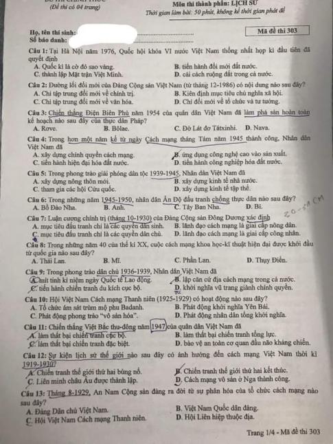 Thi THPQG 2020: Đề thi và đáp án môn Lịch sử mã đề 303