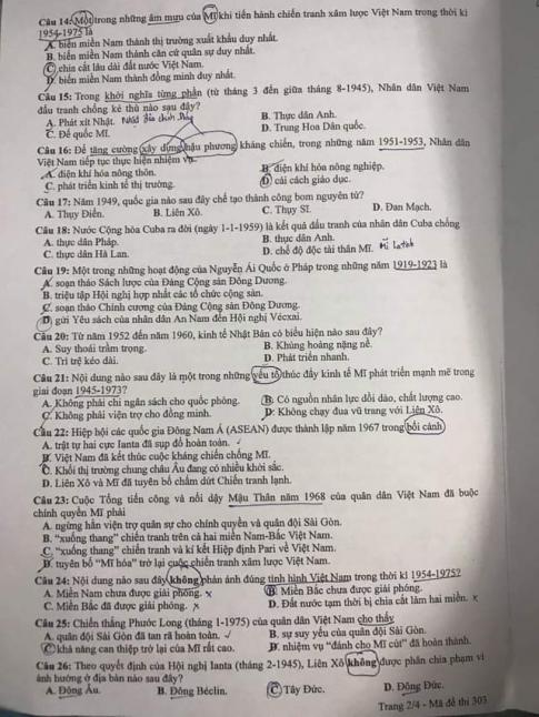 Thi THPQG 2020: Đề thi và đáp án môn Lịch sử mã đề 303