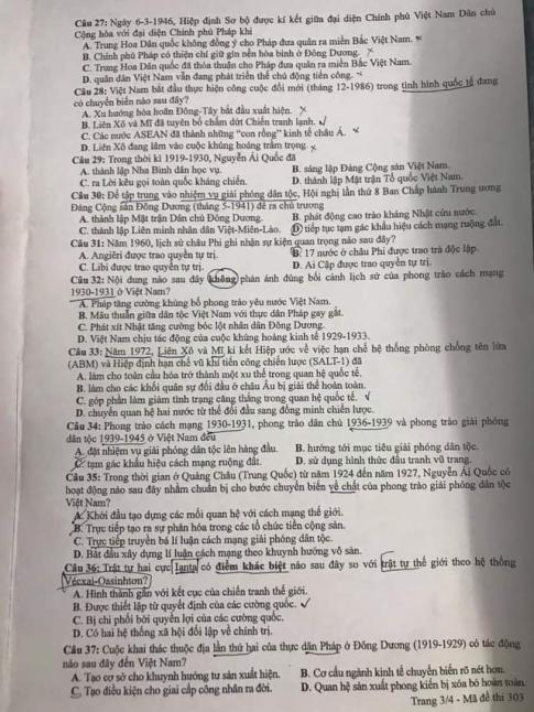 Thi THPQG 2020: Đề thi và đáp án môn Lịch sử mã đề 303