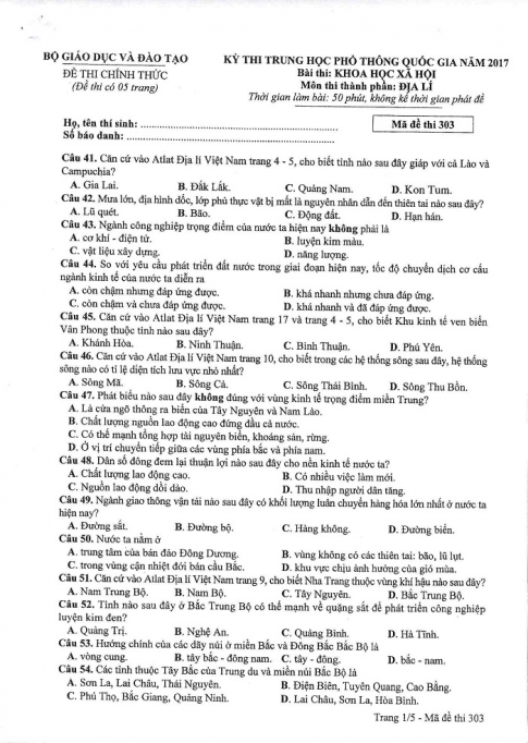 Đề và đáp án môn Địa mã đề 303 thi THPTQG 2017 – đáp án của bộ GD-ĐT