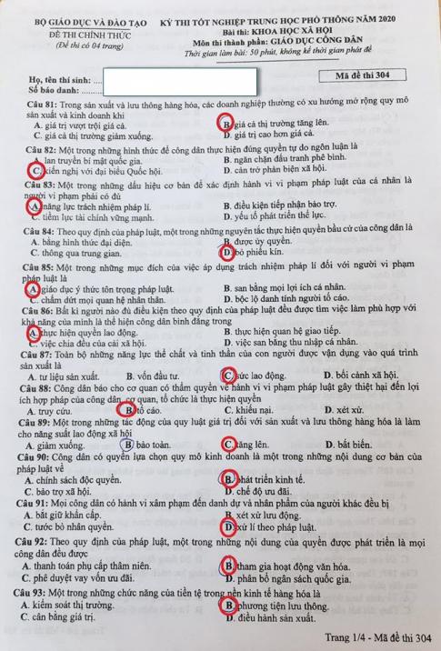 Thi THPQG 2020: Đề thi và đáp án môn GDCD mã đề 304