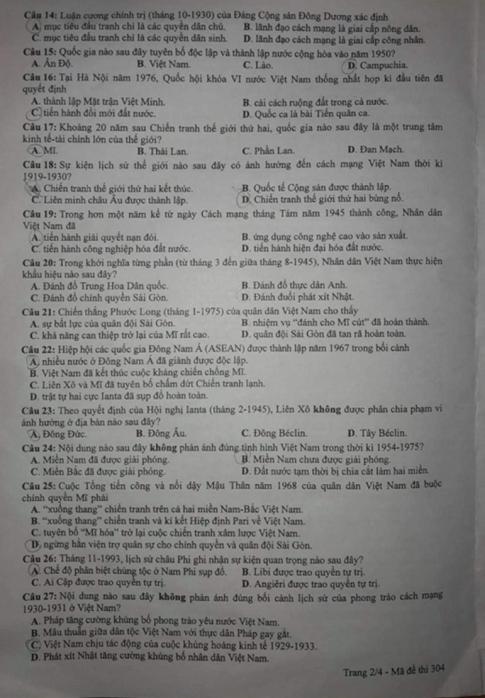 Thi THPQG 2020: Đề thi và đáp án môn Lịch sử mã đề 304