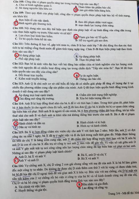 Thi THPQG 2020: Đề thi và đáp án môn GDCD mã đề 304