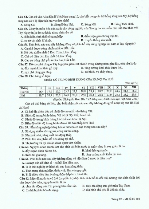 Đề và đáp án môn Địa mã đề 304 thi THPTQG 2017 – đáp án của bộ GD-ĐT