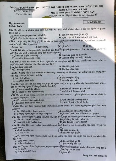 Thi THPQG 2020: Đề thi và đáp án môn GDCD mã đề 305