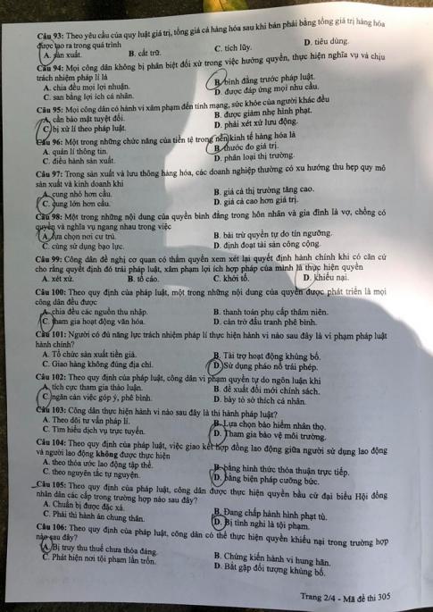 Thi THPQG 2020: Đề thi và đáp án môn GDCD mã đề 305
