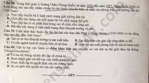 Thi THPQG 2020: Đề thi và đáp án môn Lịch sử mã đề 305