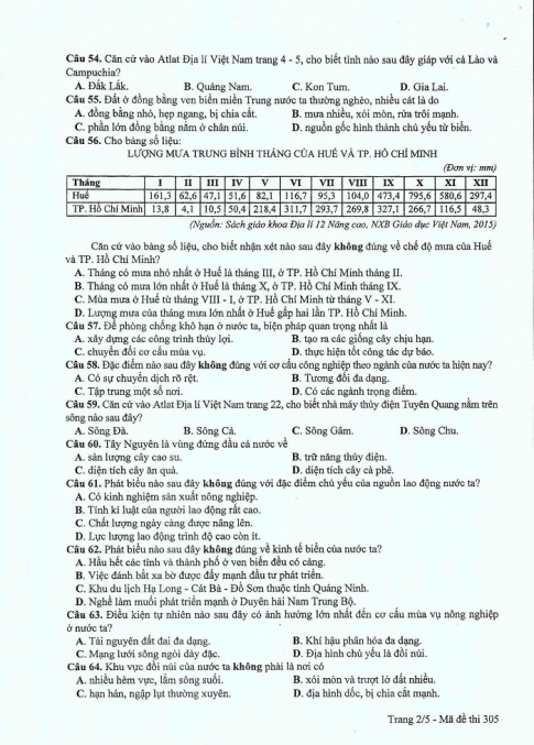 Đề và đáp án môn Địa mã đề 305 thi THPTQG 2017 – đáp án của bộ GD-ĐT