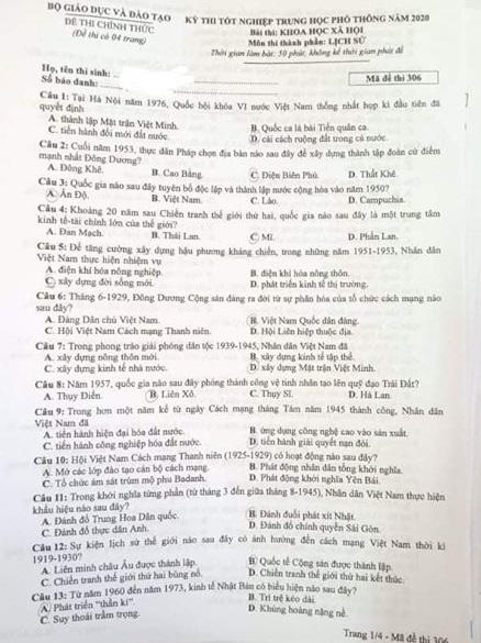 Thi THPQG 2020: Đề thi và đáp án môn Lịch sử mã đề 306