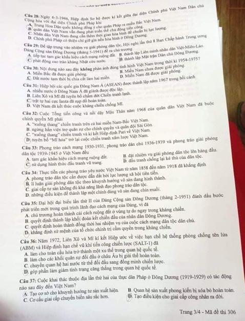 Thi THPQG 2020: Đề thi và đáp án môn Lịch sử mã đề 306