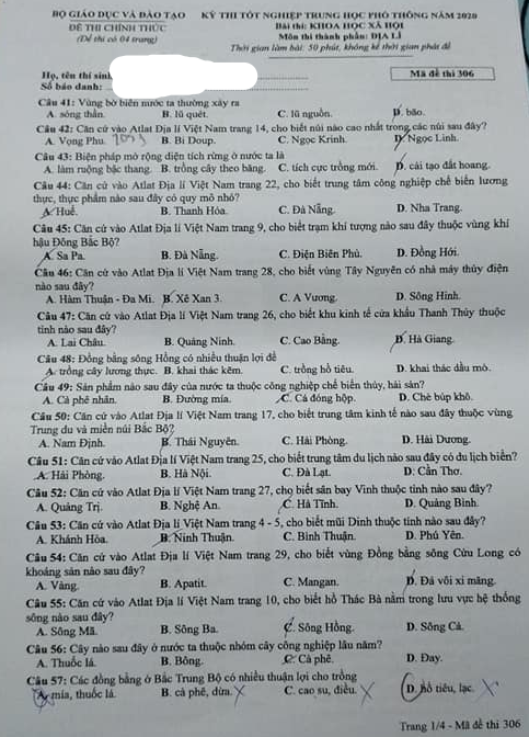Thi THPQG 2020: Đề thi và đáp án môn Địa lí mã đề 306