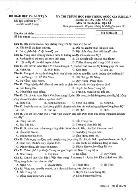 Đề và đáp án môn Địa mã đề 306 thi THPTQG 2017 – đáp án của bộ GD-ĐT
