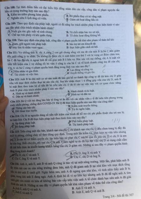 Thi THPQG 2020: Đề thi và đáp án môn GDCD mã đề 307