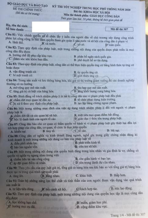 Thi THPQG 2020: Đề thi và đáp án môn GDCD mã đề 307