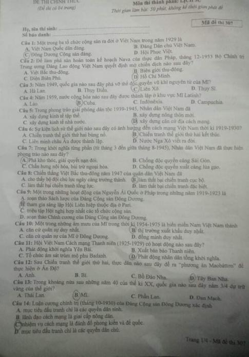 Thi THPQG 2020: Đề thi và đáp án môn Lịch sử mã đề 307