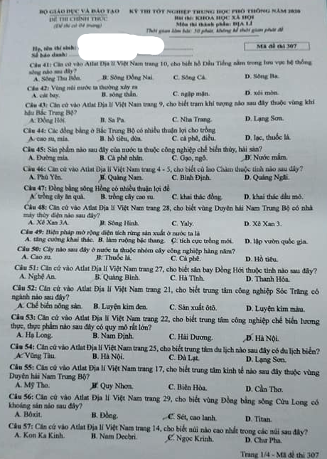 Thi THPQG 2020: Đề thi và đáp án môn Địa lí mã đề 307