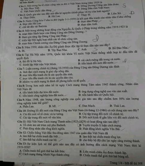 Thi THPQG 2020: Đề thi và đáp án môn Lịch sử mã đề 308