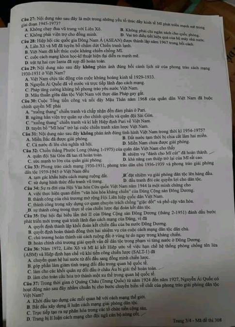 Thi THPQG 2020: Đề thi và đáp án môn Lịch sử mã đề 308