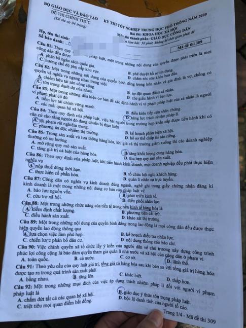 Thi THPQG 2020: Đề thi và đáp án môn GDCD mã đề 309