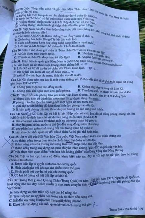 Thi THPQG 2020: Đề thi và đáp án môn Lịch sử mã đề 309