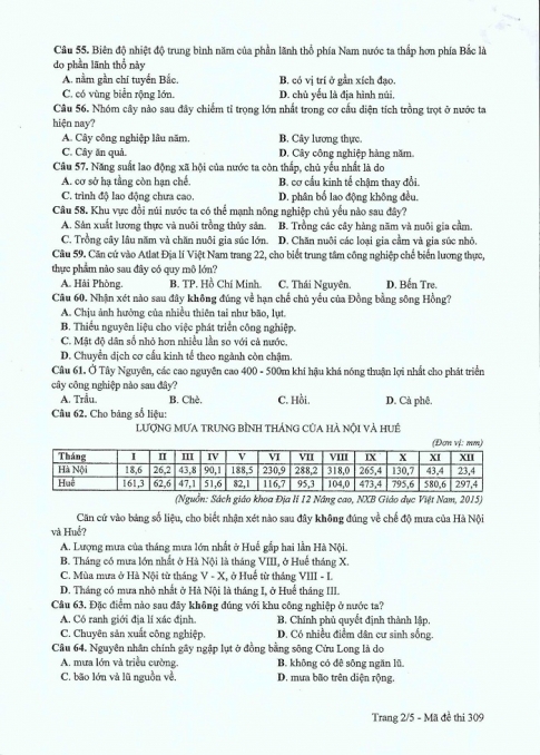 Đề và đáp án môn Địa mã đề 309 thi THPTQG 2017 – đáp án của bộ GD-ĐT