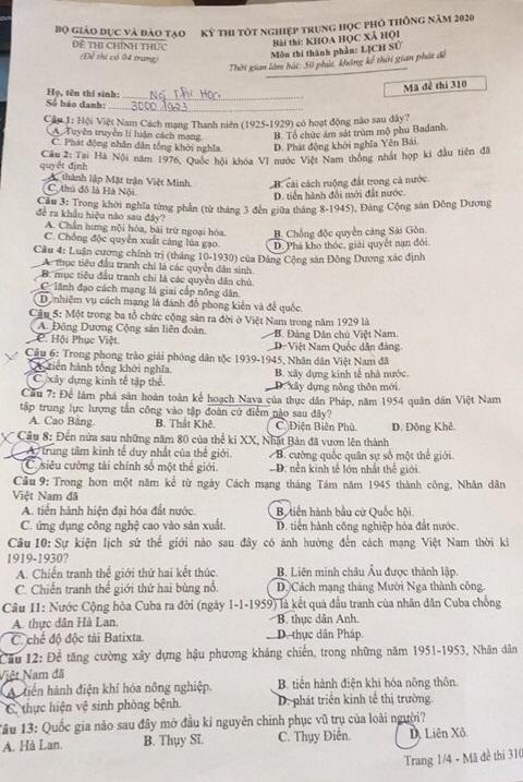 Thi THPQG 2020: Đề thi và đáp án môn Lịch sử mã đề 310