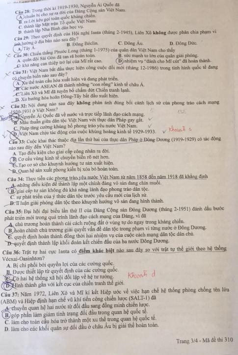 Thi THPQG 2020: Đề thi và đáp án môn Lịch sử mã đề 310