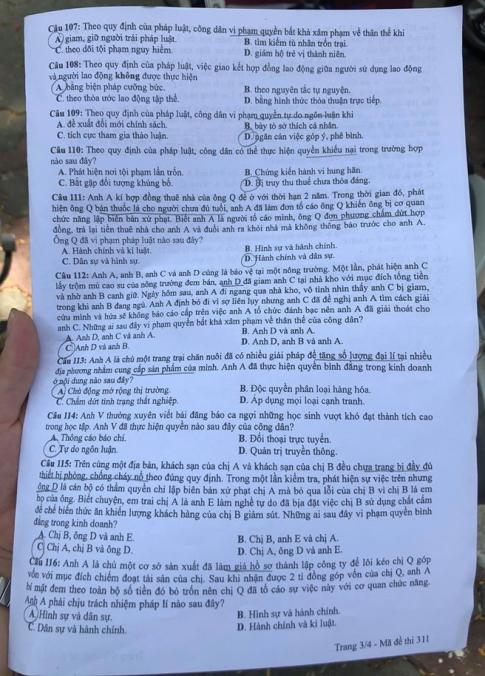 Thi THPQG 2020: Đề thi và đáp án môn GDCD mã đề 311