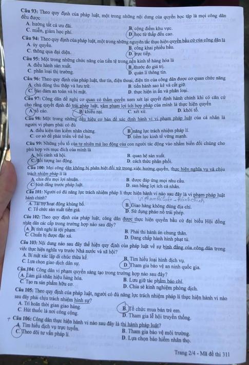 Thi THPQG 2020: Đề thi và đáp án môn GDCD mã đề 311